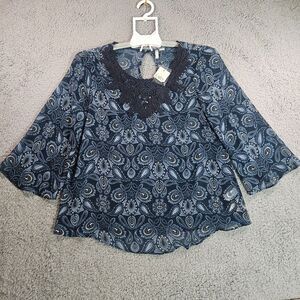 NWT Cato Top Blouse Womens XS Lace Neck‎ Sheer Geometric Blue - XS